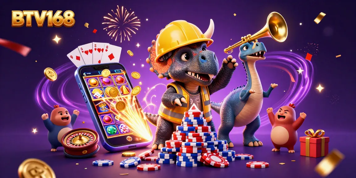 BTV168 brings excitement as a triceratops builds poker chips amidst a colorful casino celebration.