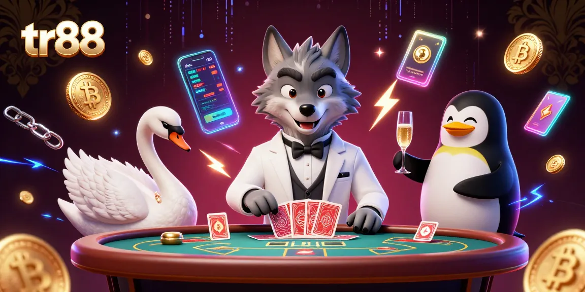 Experience the thrill of tr88 with a debonair wolf gambling at the baccarat table in a vibrant casino