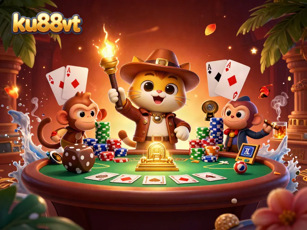 Engage in thrilling games at ku88vt, featuring vibrant casino scenes with an explorer cat and treasure.