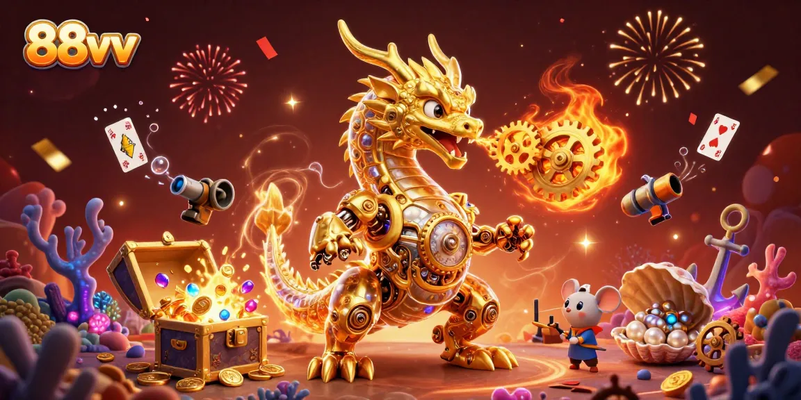 88vv showcases an exciting 3D dragon breathing gears amidst vibrant casino elements