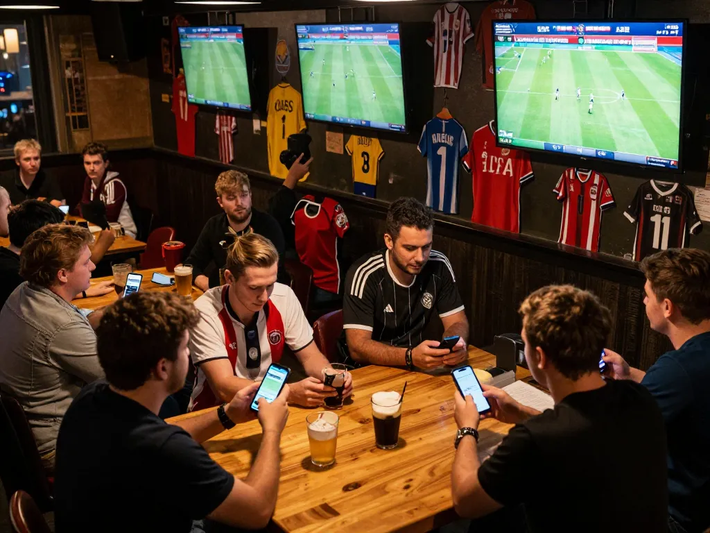 Engaged bettors analyzing odds on their smartphones at a lively sports bar during a 7m-7m football match.