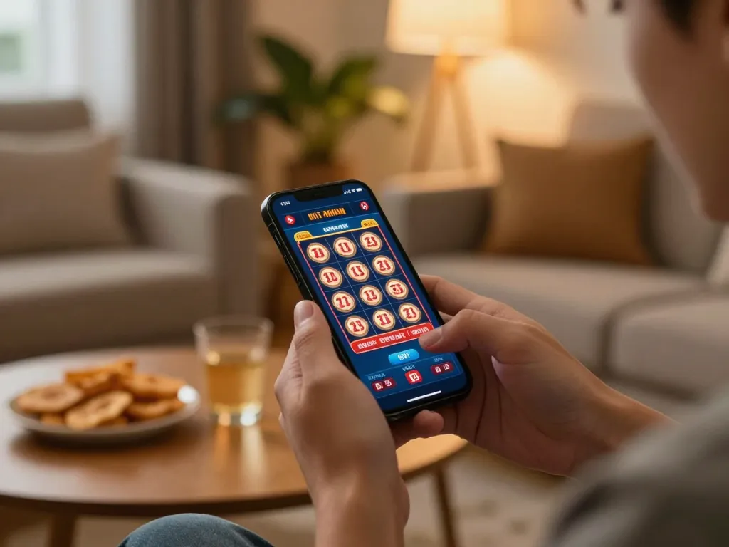 Engaged player using the 88vvgo app for thrilling mobile casino gaming experience at home.