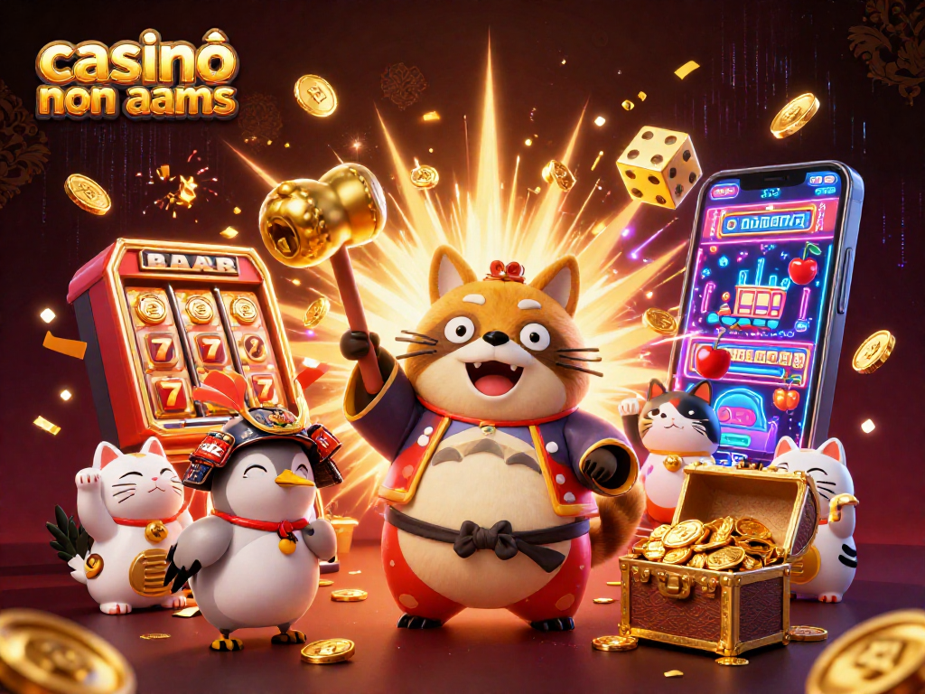 Immagine vibrante che rappresenta la scena di casinò online non aams con tanuki felice e elementi di gioco glitteranti.
