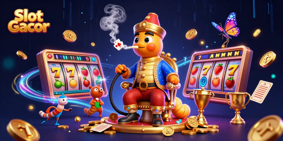 Slot Gacor menyajikan jackpot menggiurkan dengan simbol slot berkilau dan koin emas yang berterbangan.