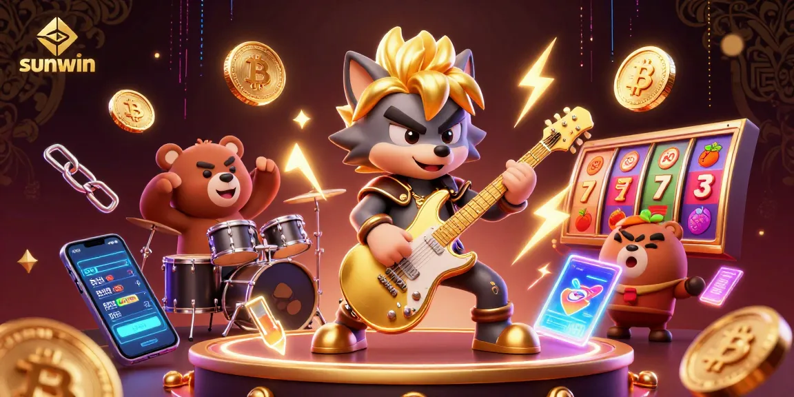 sunwin showcases a vibrant casino scene with cartoon characters jamming amidst crypto elements.
