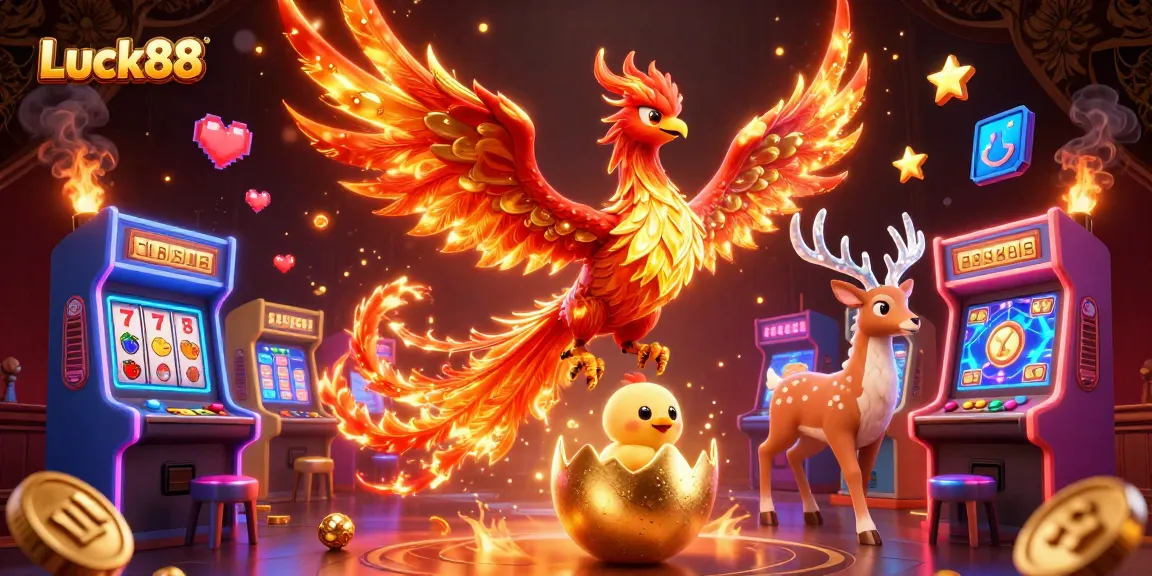 Experience excitement with Luck88's vivid 3D casino illustration featuring a fire phoenix and vibrant game elements.