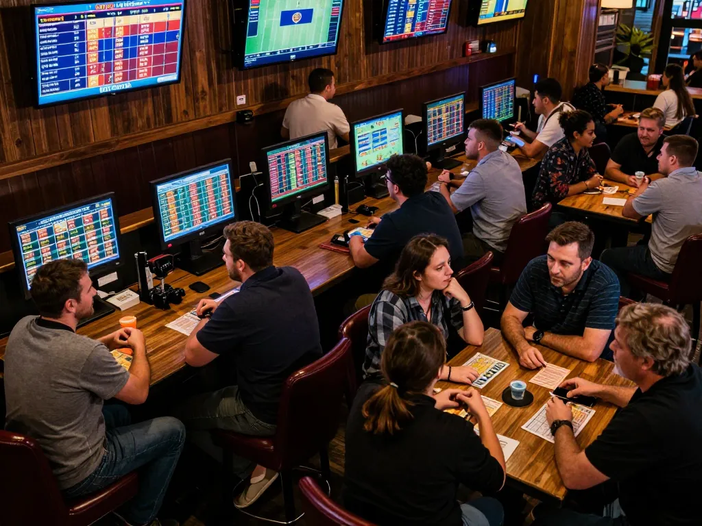 Sports bar patrons discussing bets and odds on 789 sports events during a thrilling game.