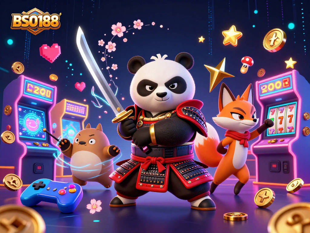 Engage with BSO188's thrilling gaming scene featuring samurai panda and ninja fox in action.