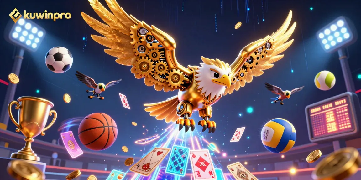 Experience thrilling gaming action with kuwinpro in this vibrant 3D casino illustration featuring a golden eagle diving through holographic cards.