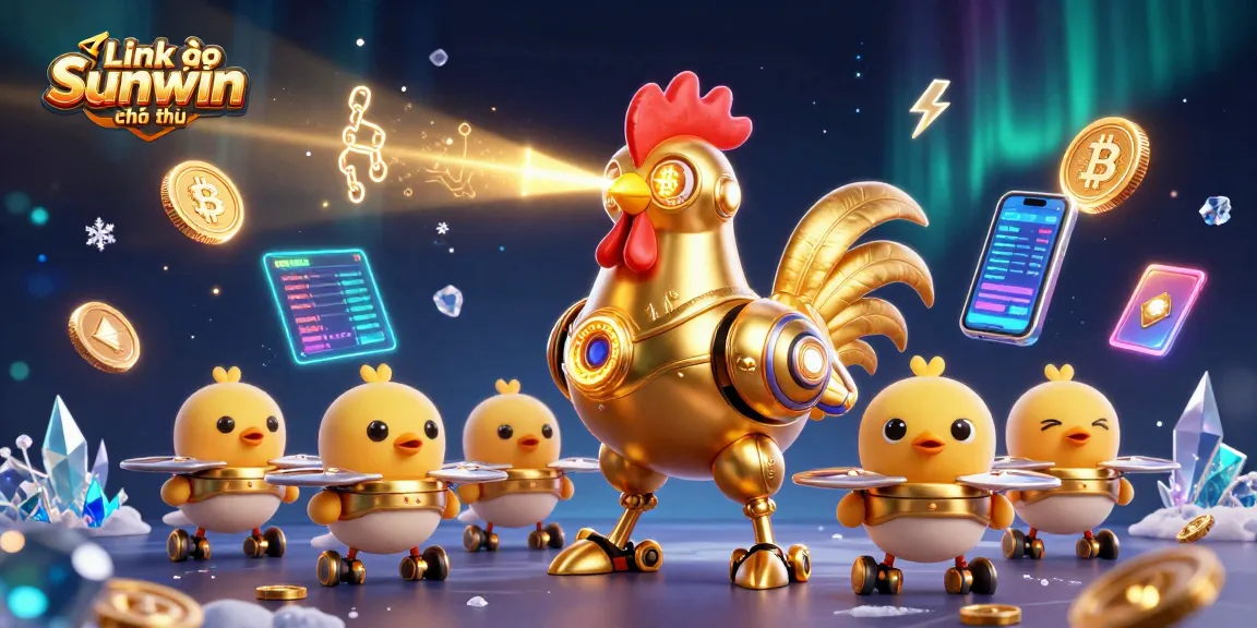 Engage with Link vào Sunwin chính thức in a vibrant 3D casino scene filled with neon cryptocurrency elements.