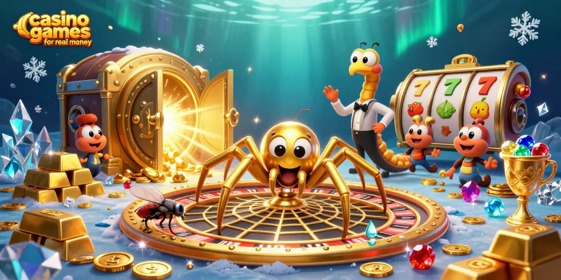 Experience thrilling casino games for real money with an interactive spider and centipede scene.
