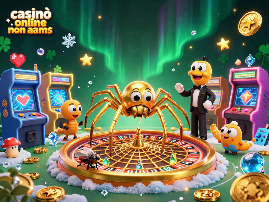 Giocando ai casinò online non AAMS con una ragnatela dorata a forma di roulette e un croupier centopiedi.
