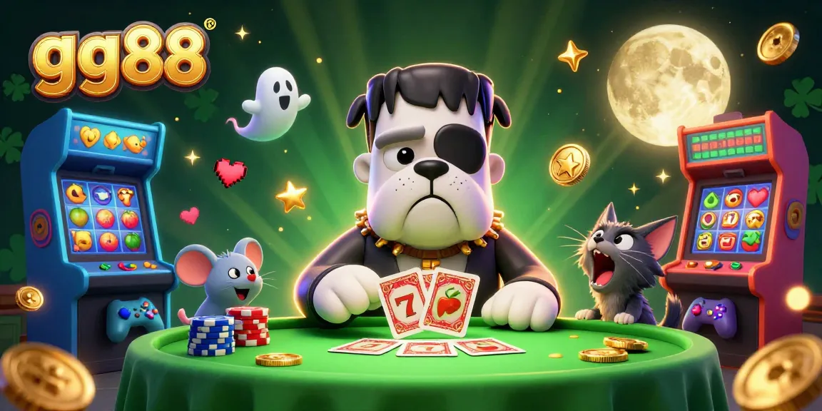 Engage in thrilling slot gameplay at gg88 with a lively 3D illustration of a Frankenstein bulldog and friends.