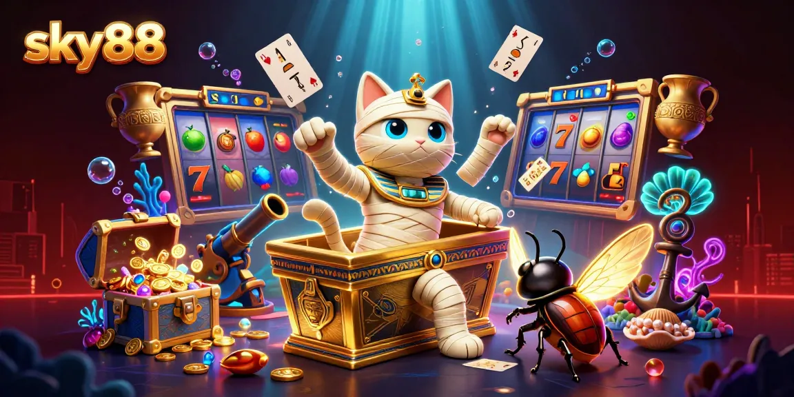 Experience the vibrant world of sky88 with an Egyptian mummy cat and glowing treasures in a dynamic 3D casino scene.