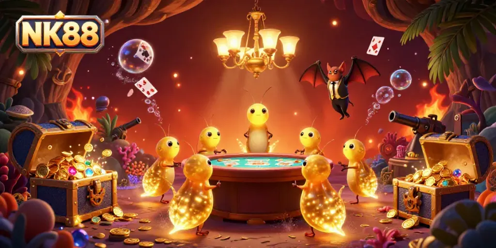 Experience the excitement at NK88 casino with glowworms illuminating vibrant gaming elements and playful bat dealer.