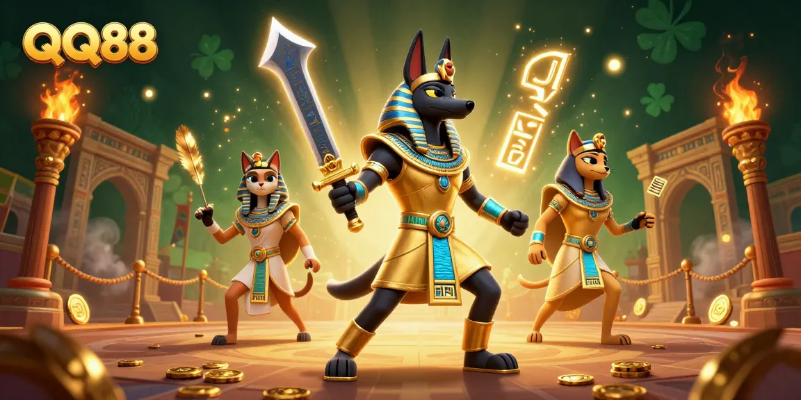 Experience thrilling gameplay with QQ88 featuring a vibrant scene of Anubis and Bastet in a dynamic casino setting.
