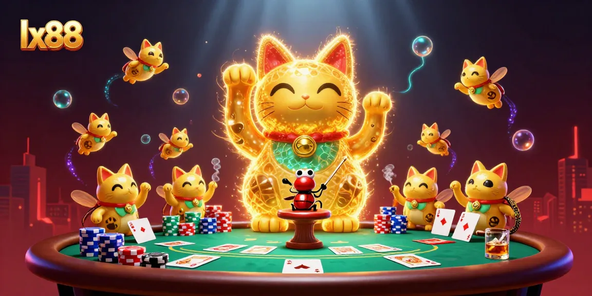 Experience the excitement of lx88 with vibrant casino elements and a lucky cat in action.