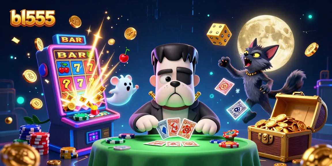 Play at bl555 with a 3D cartoon Frankenstein bulldog monster dealing cards at a spooky table surrounded by slots and gold.