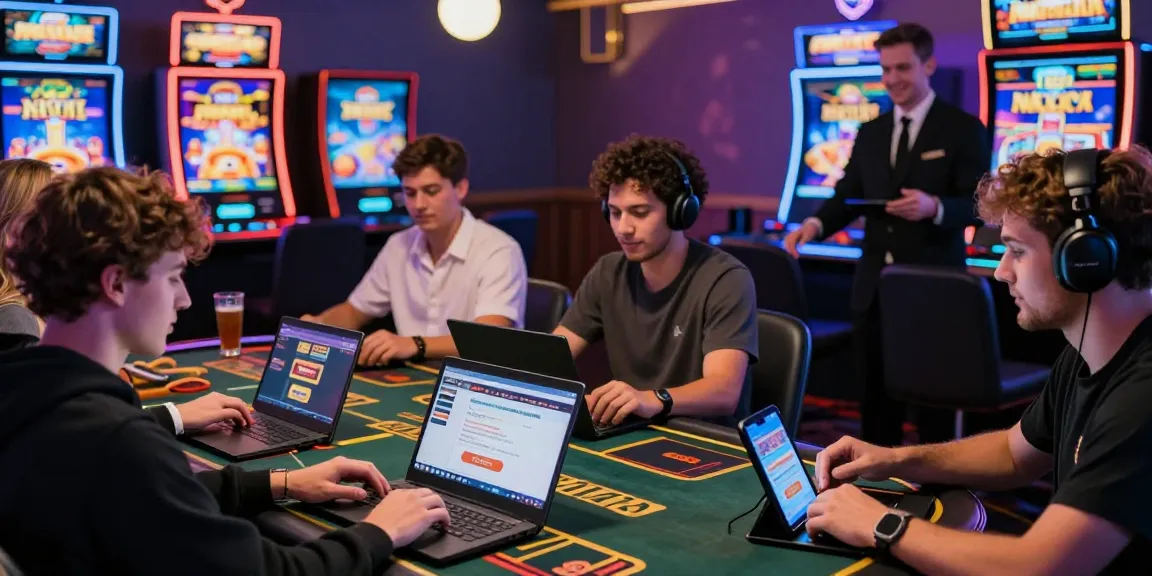 Giocatori diversi che si divertono con il gioco dal vivo su una piattaforma casino non AAMS, laptop e colorate slot machine in un'atmosfera vibrante di casinò online.