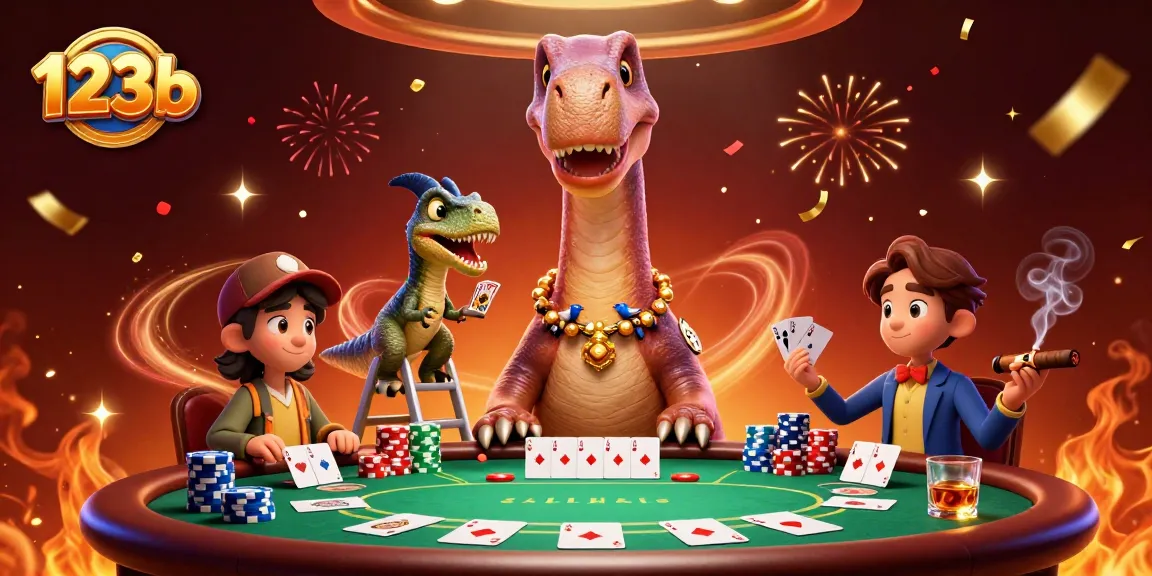 Experience the excitement of 123b as a brontosaurus oversees a thrilling poker game amid vibrant casino elements.