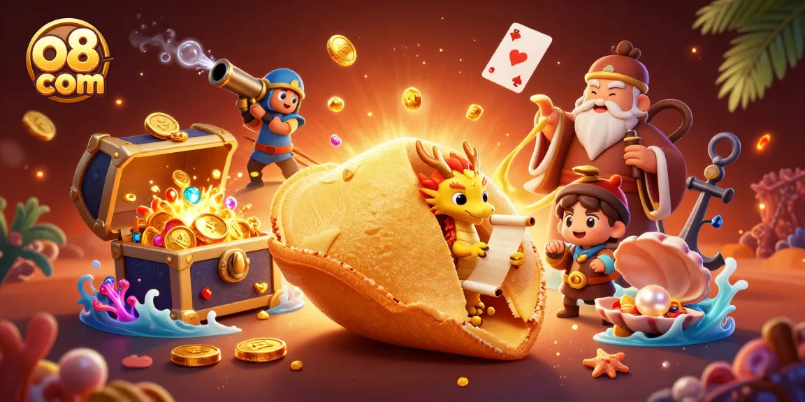Experience excitement with O8 com, featuring vibrant dragon and fortune cookie 3D art in a rich casino setting.
