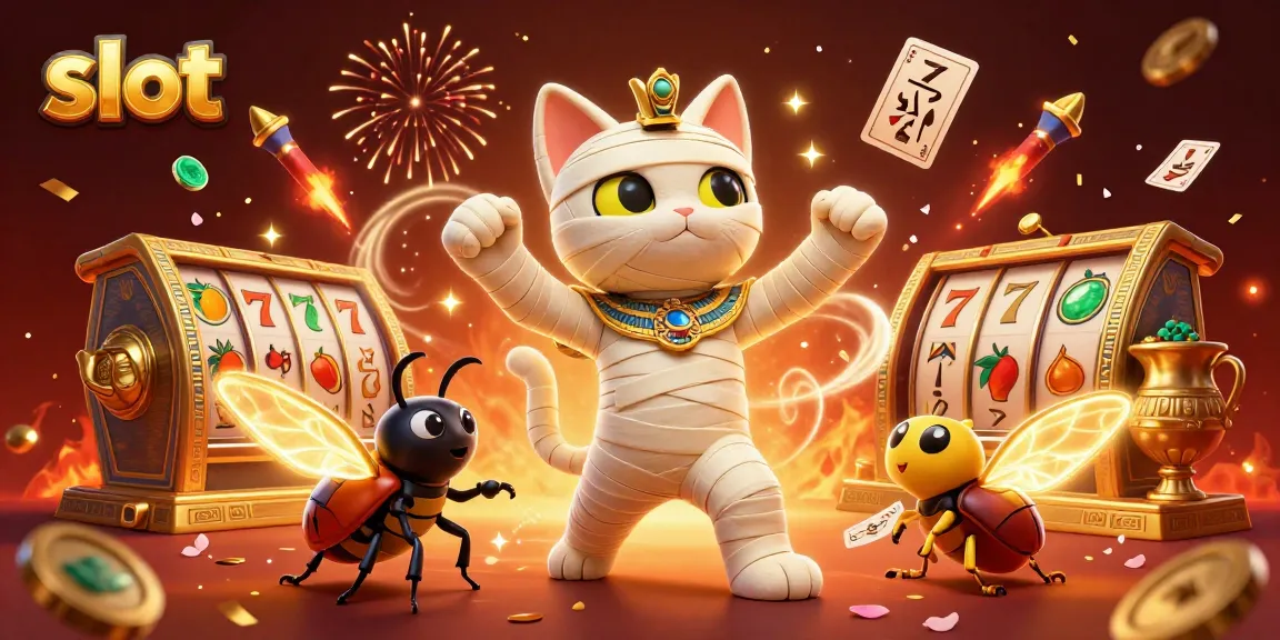 Engage in exhilarating slot adventures with a dynamic Egyptian mummy cat and vibrant casino elements.