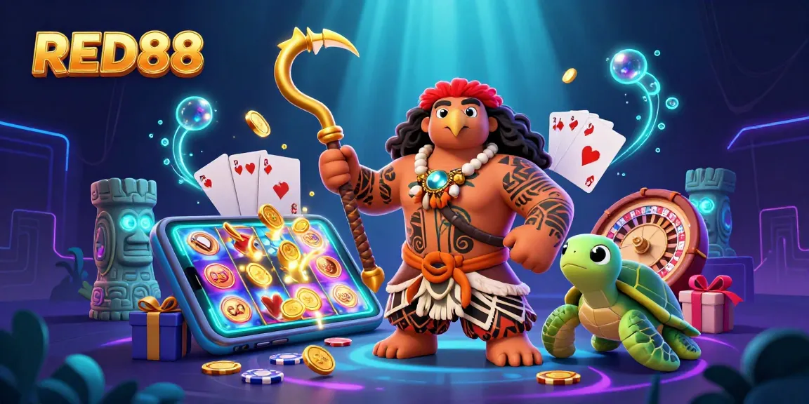 Experience the thrilling world of RED88 with an engaging 3D casino scene full of vibrant game elements.