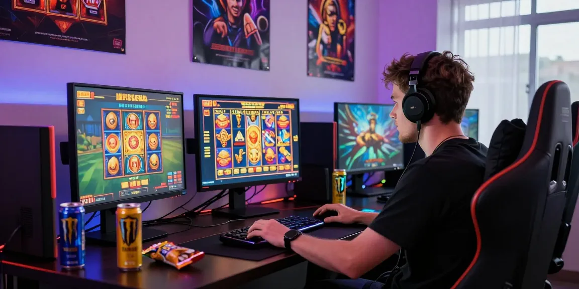 Situs LUXURY12: Pemain judi online fokus pada permainan slot di meja komputer dengan suasana gaming yang energik.