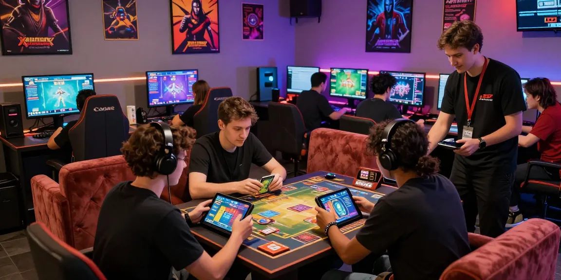 Exciting Rikvip gaming lounge scene with diverse players enjoying card games and dynamic visuals.
