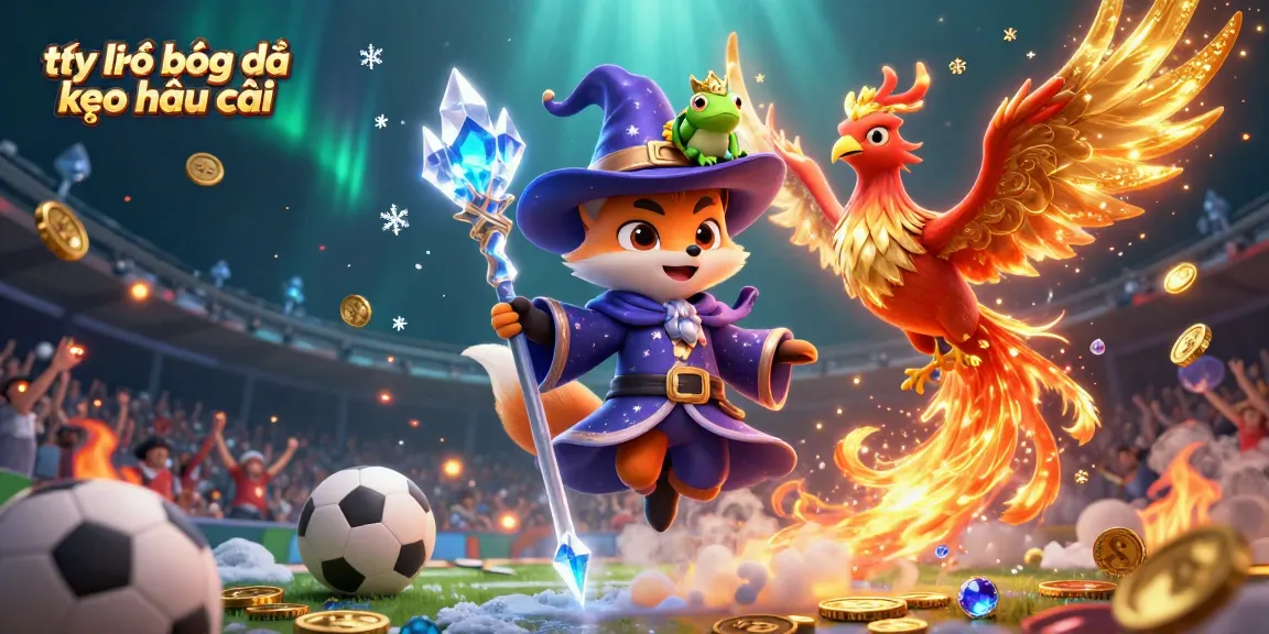 Engage the excitement of tỷ lệ bóng đá kèo nhà cái with a mystical fox wizard and phoenix in a dynamic sports betting scene.