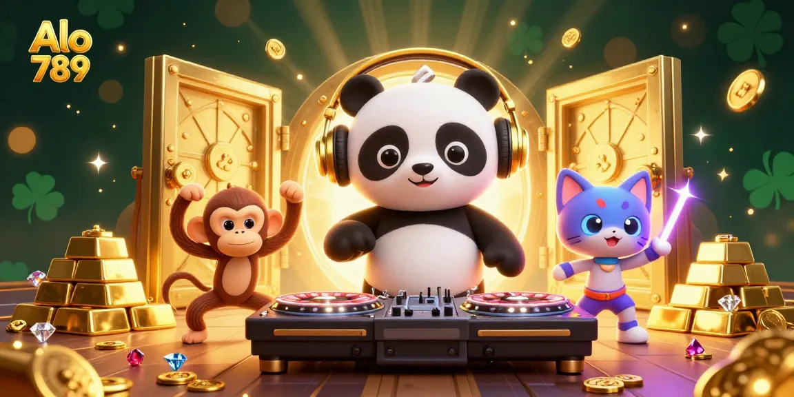 Alo 789 showcases an exciting scene with cartoon characters and dynamic gambling elements, highlighting casino fun.