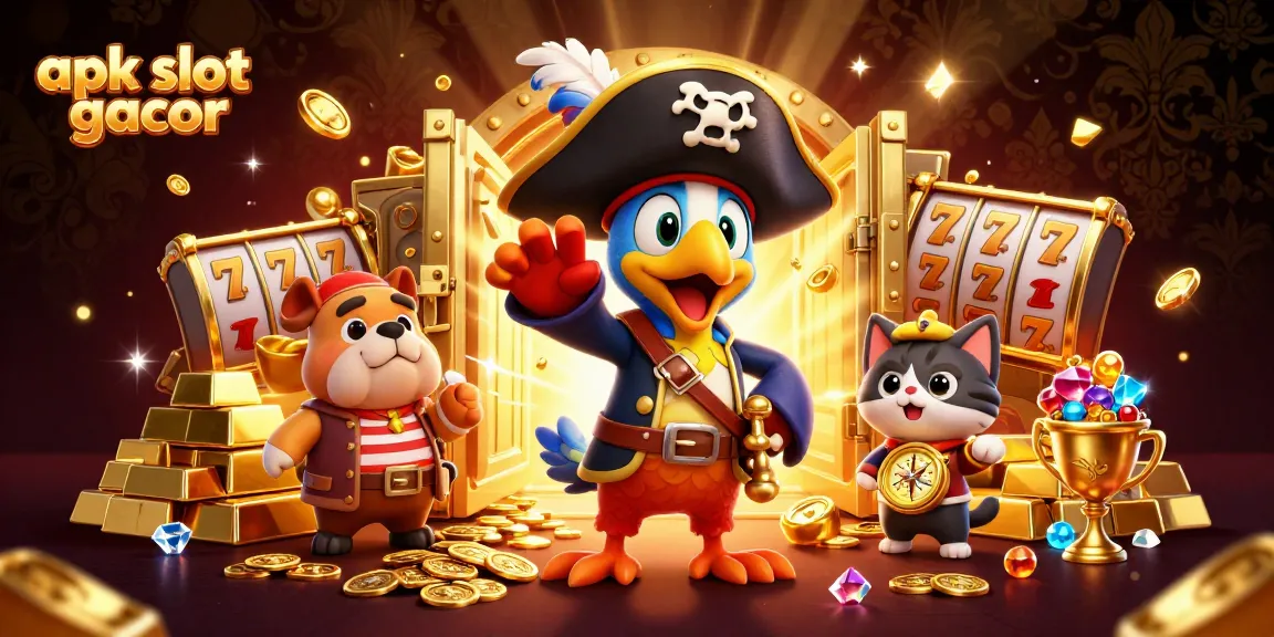 Engage with apk slot gacor gameplay in a vibrant 3D scene filled with treasures and winning elements.