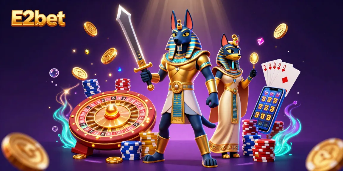 E2bet features an inspiring ancient Egyptian theme with Anubis and Bastet celebrating casino wins amidst vibrant jewels and coins.