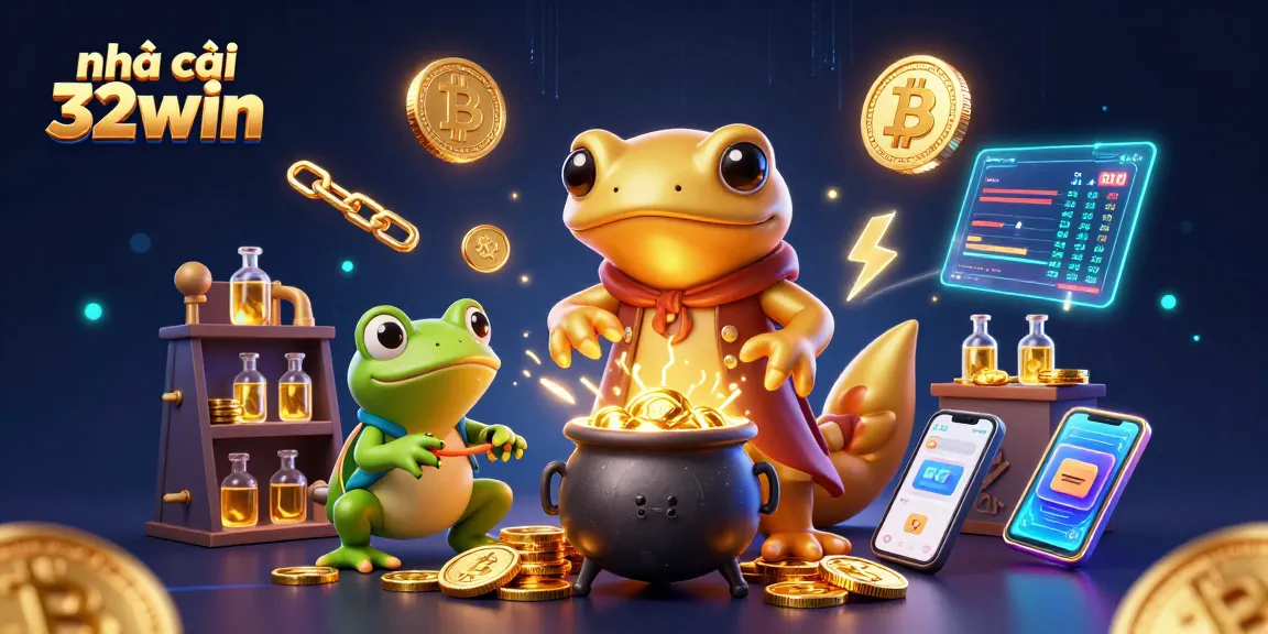 Experience gaming excitement at nhà cái 32win with golden coins and crypto elements.