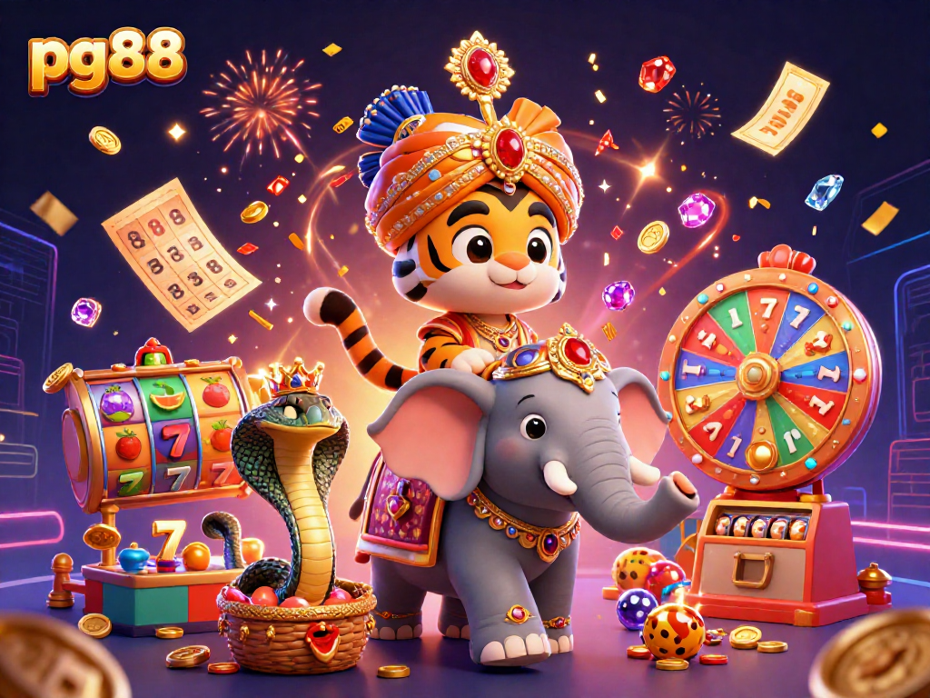 Experience vibrant gameplay at pg88 featuring an Indian maharaja tiger surrounded by exciting slot symbols.
