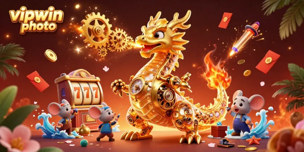 Engage with the thrilling world of vipwin photo featuring an explosive casino scene with a golden dragon and slot reels.