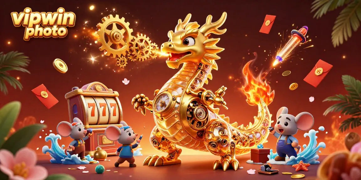 Engage with the thrilling world of vipwin photo featuring an explosive casino scene with a golden dragon and slot reels.