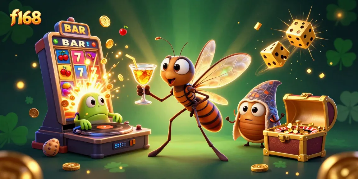 Experience the thrill of f168 with a lively 3D casino scene featuring animated characters and classic slot elements.