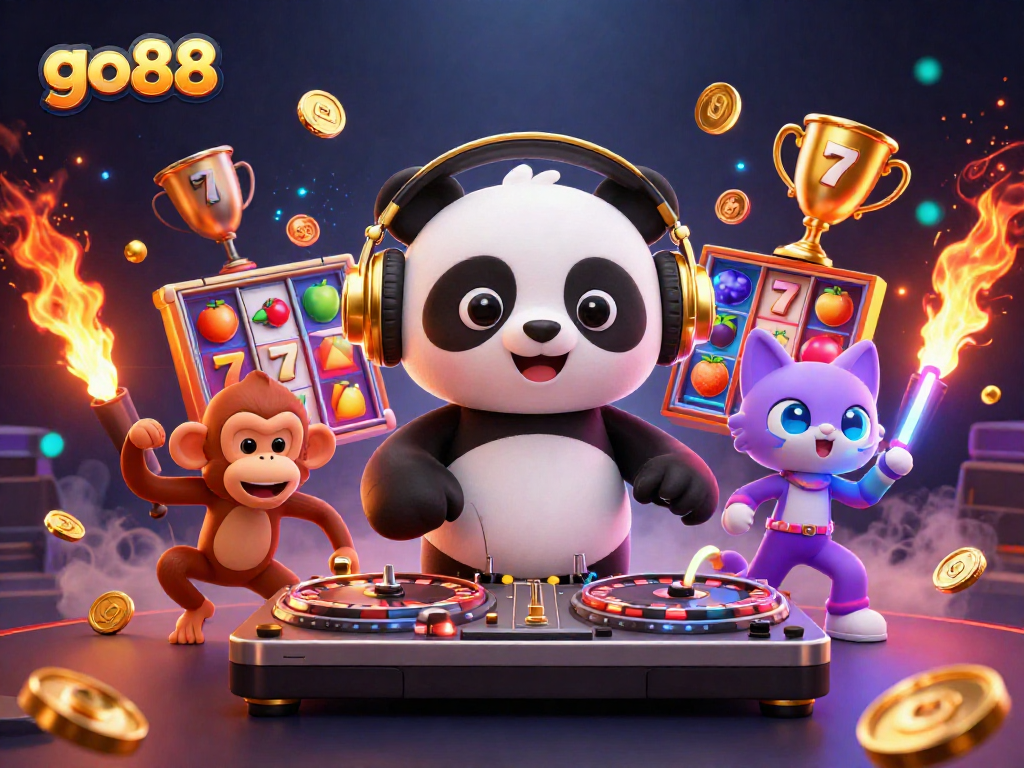 Spin and win with go88 in a vibrant 3D casino scene featuring playful characters and games.
