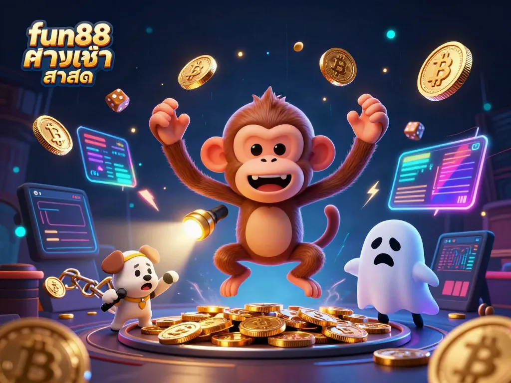 Engage with fun88 ทางเข้า ล่าสุด in a rich 3D casino scene featuring a playful ghost and crypto elements.