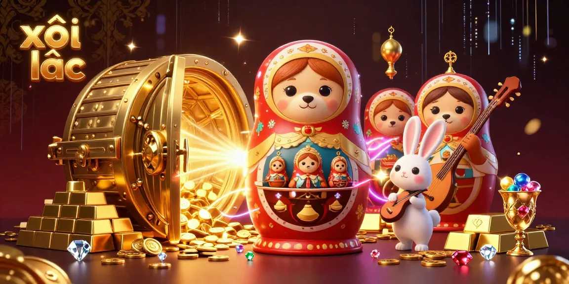 xôi lạc showcases a vibrant 3D casino scene with Matryoshka bears and a balalaika rabbit, featuring gleaming treasures.