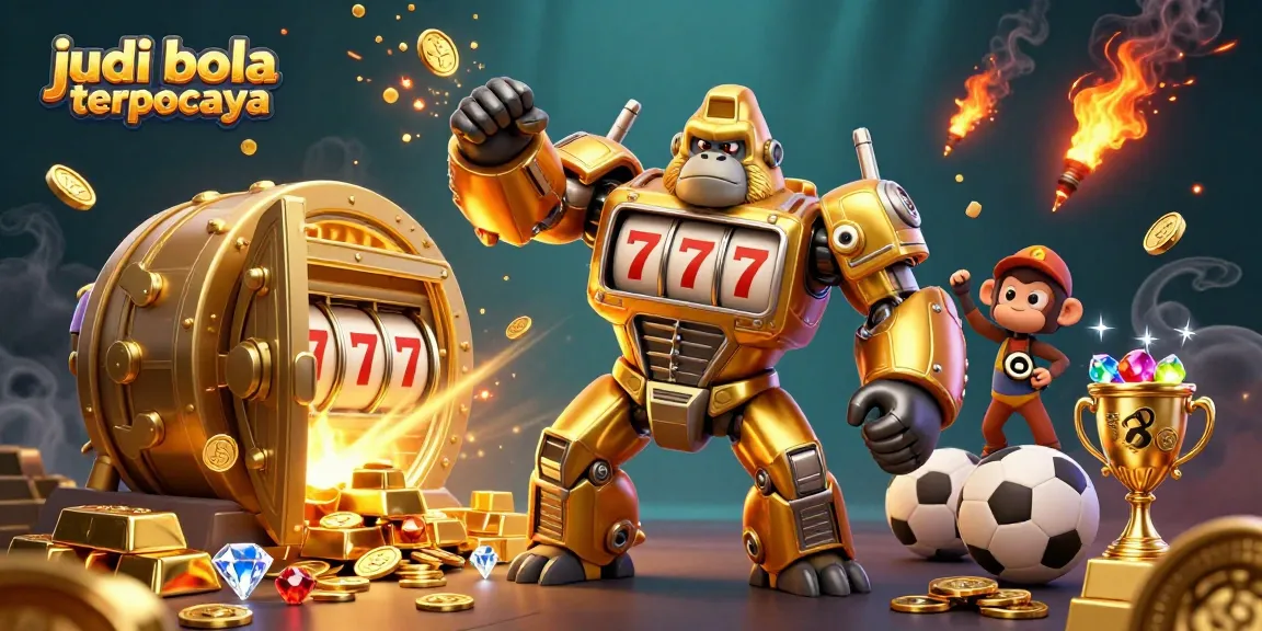 Engage with judi bola terpercaya through a dynamic 3D scene featuring a golden mech and sports betting elements.