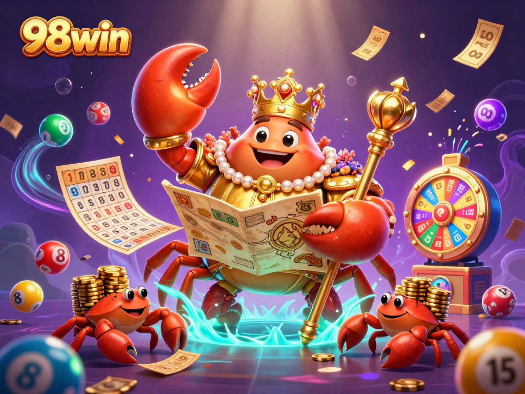 Experience exciting wins at 98win with a vibrant 3D crab emperor ruling a colorful gambling kingdom.