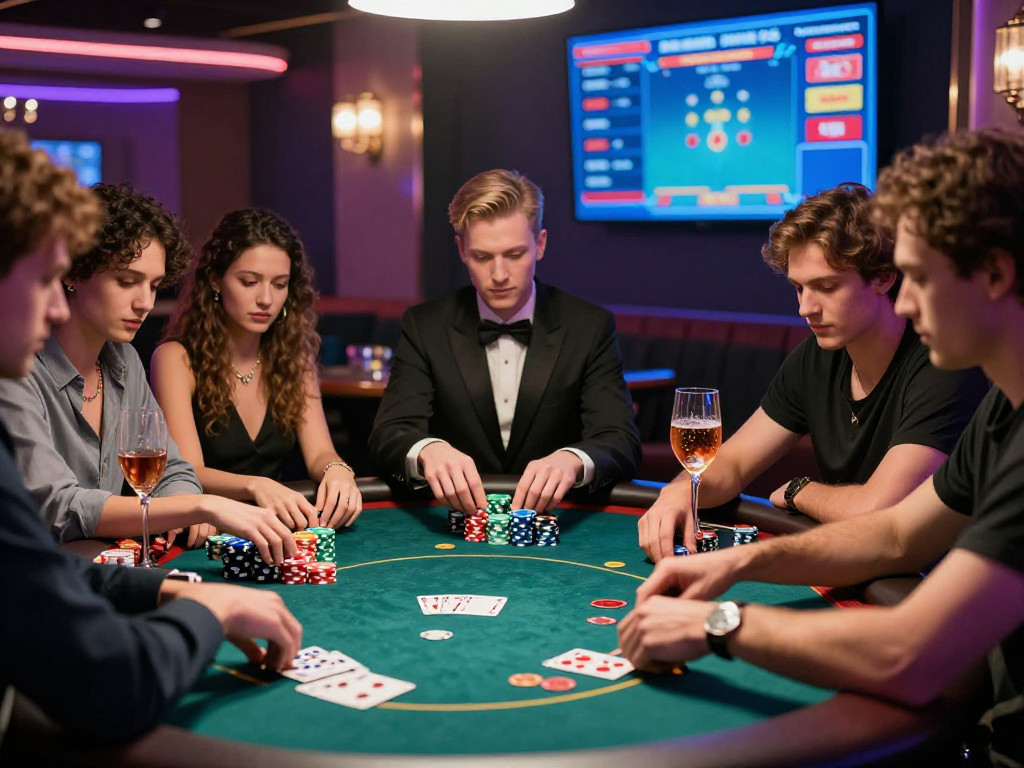 Giocatori in un casinò online non aams, immersi in un vivace gioco di poker con fiches colorate e cocktail eleganti.
