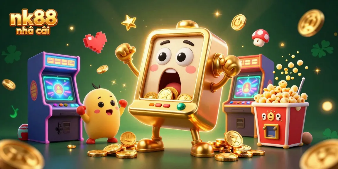 Enjoy thrilling wins at nk88 nhà cái with a vibrant 3D scene of slot machines celebrating jackpot moments.