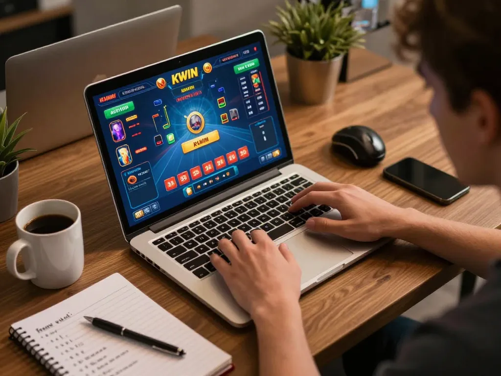KWIN player engaging in strategic gameplay at home using a laptop for online casino.