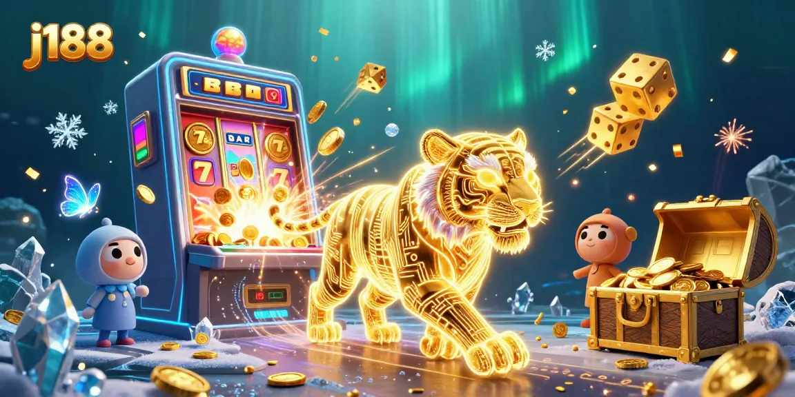 Experience j188's thrilling casino adventure with a neon-wireframe tiger in a vibrant slot landscape.