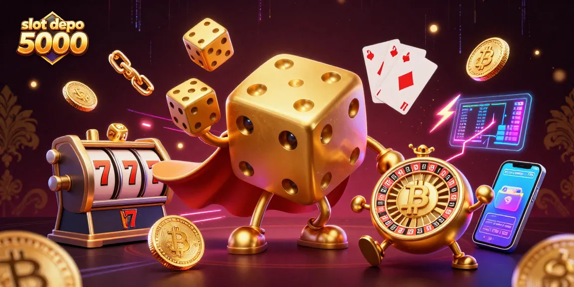 Experience winning with slot depo 5000 as golden dice come alive amidst vibrant casino icons.