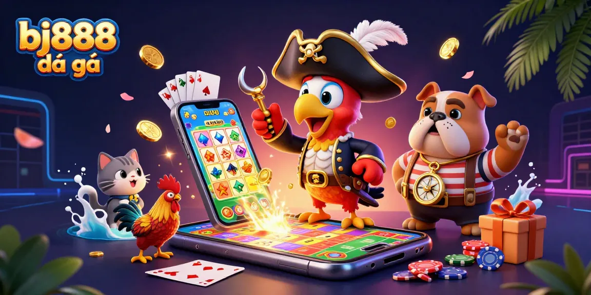 Engage in thrilling bj888 đá gà battles within a vibrant 3D gambling scene filled with dynamic characters and game elements.