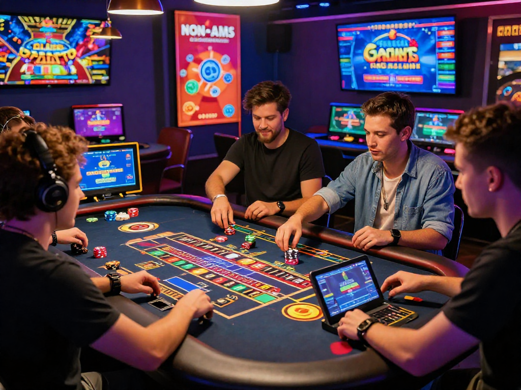 Giocatori di casinò online non AAMS coinvolti in un'atmosfera festosa con roulette e grafica colorata.